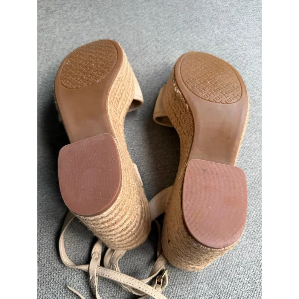 Tory Burch Fleming Nappa Leather Platform Espadrille Wedge Sandals Cream Sz 8.5